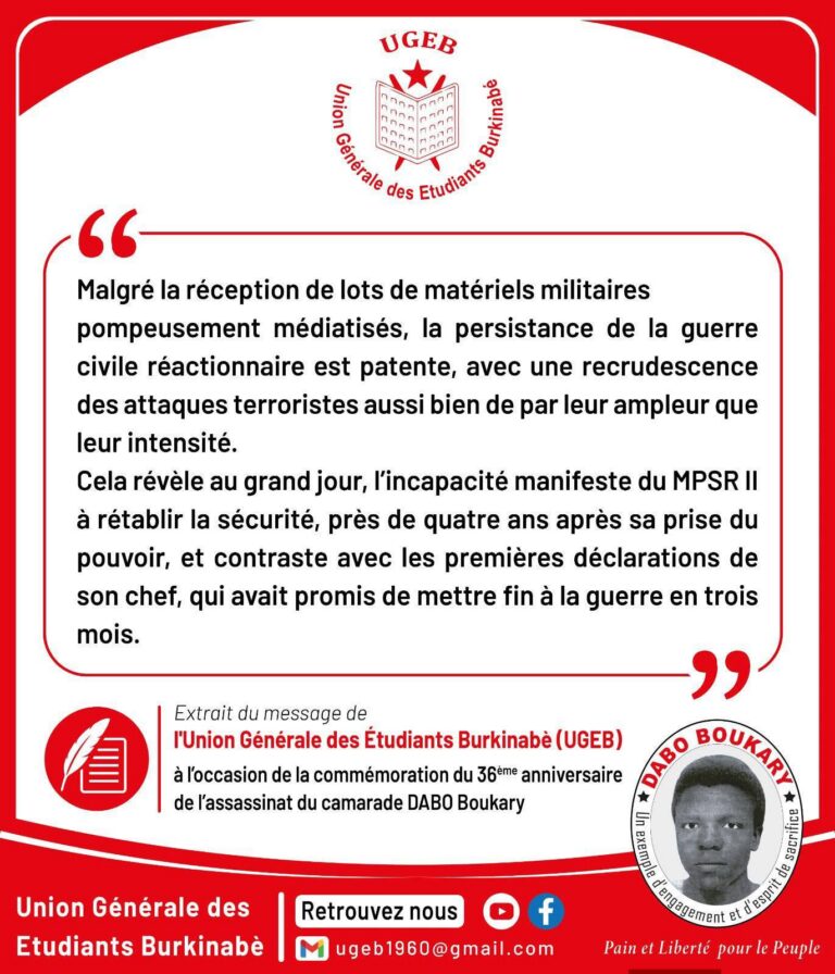 Burkina Faso security: student union ugeb delivers scathing critique of mpsr ii’s performance