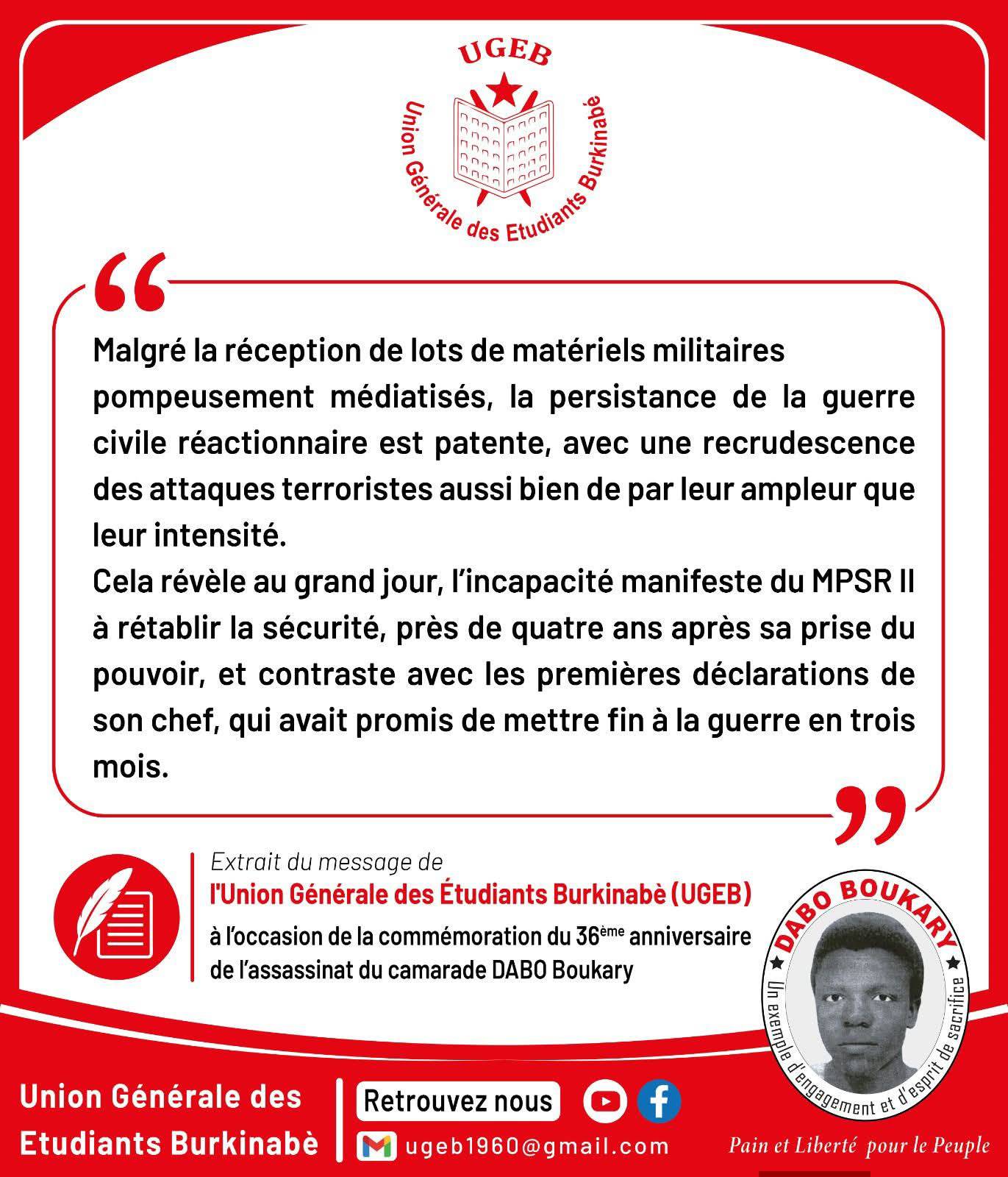 Burkina Faso security: student union ugeb delivers scathing critique of mpsr ii’s performance