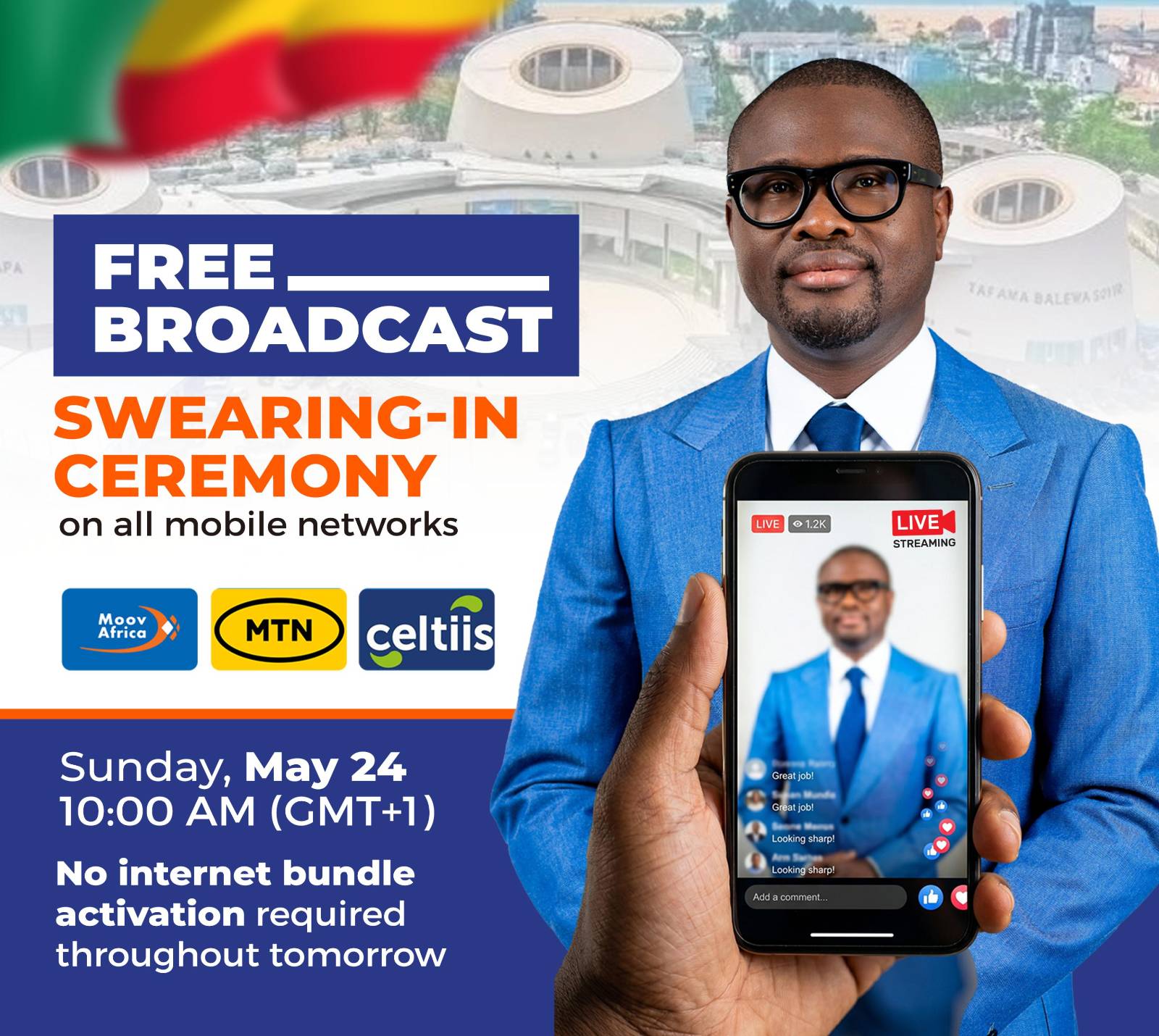 Benin investiture ceremony broadcast free on mobile networks