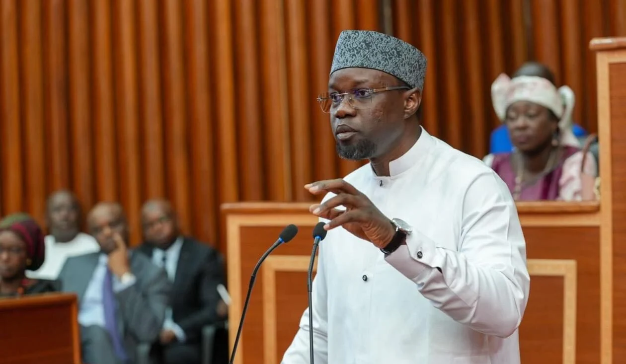 Ousmane Sonko delivering a speech at the National Assembly