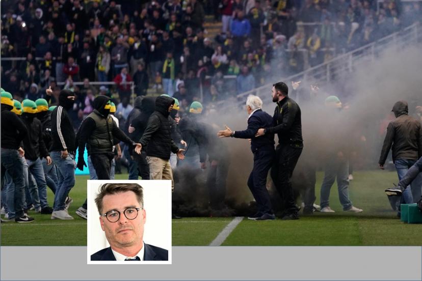Le 17 mai, après l'envahissement de terrain des supporters nantais, le match Nantes-Toulouse avait été interrompu à la 22e minute. (H. Bellenger, B. Papon/Icon Sport, L'Équipe)
