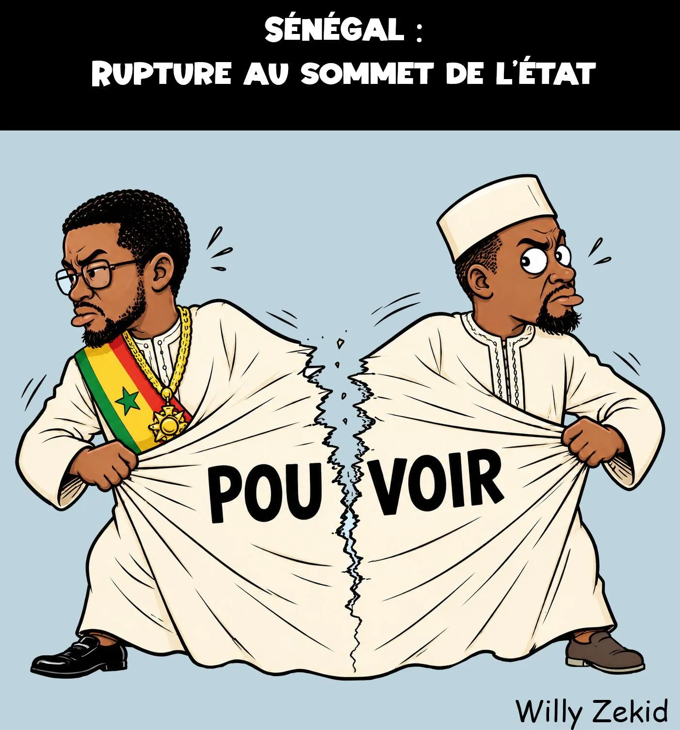 Caricature showing Ousmane Sonko and Bassirou Diomaye Faye moving away, tearing the tunic that united them and on which it is written "power".