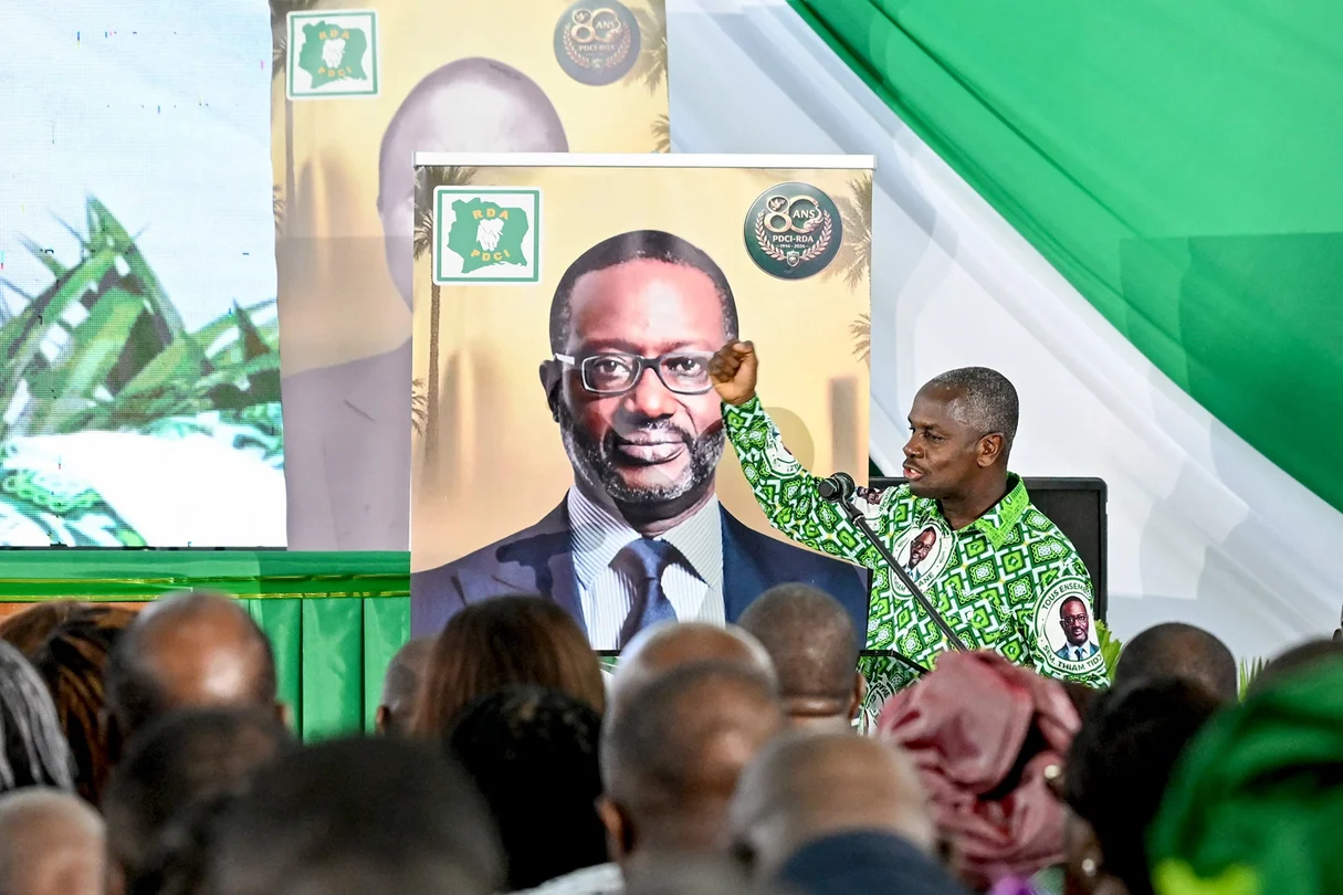 Calice Yapo Yapo, PDCI’s executive secretary, at the party’s 80th anniversary celebration on April 9, 2026, in Abidjan. © Issouf SANOGO/AFP