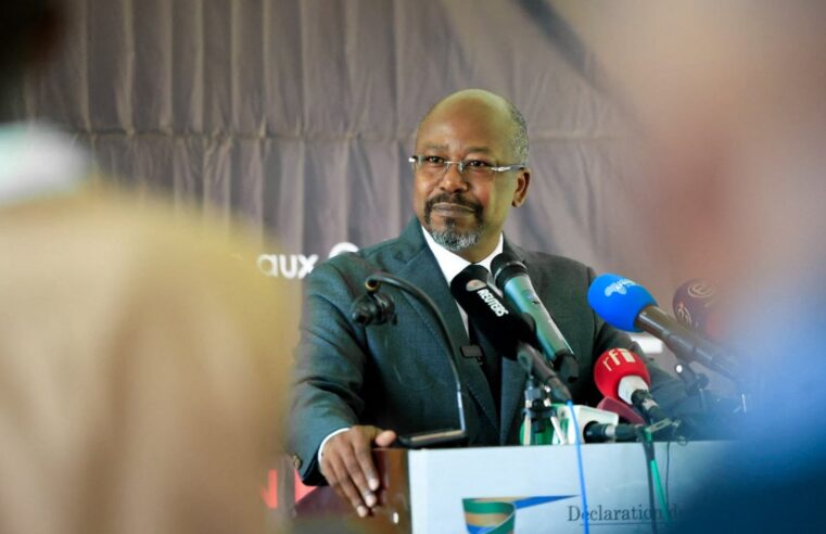 Gabon’s opposition leader Bilie By Nze addresses the press post-election