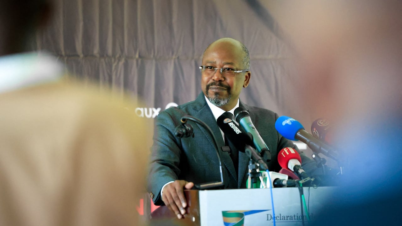 Gabon’s opposition leader Bilie By Nze addresses the press post-election