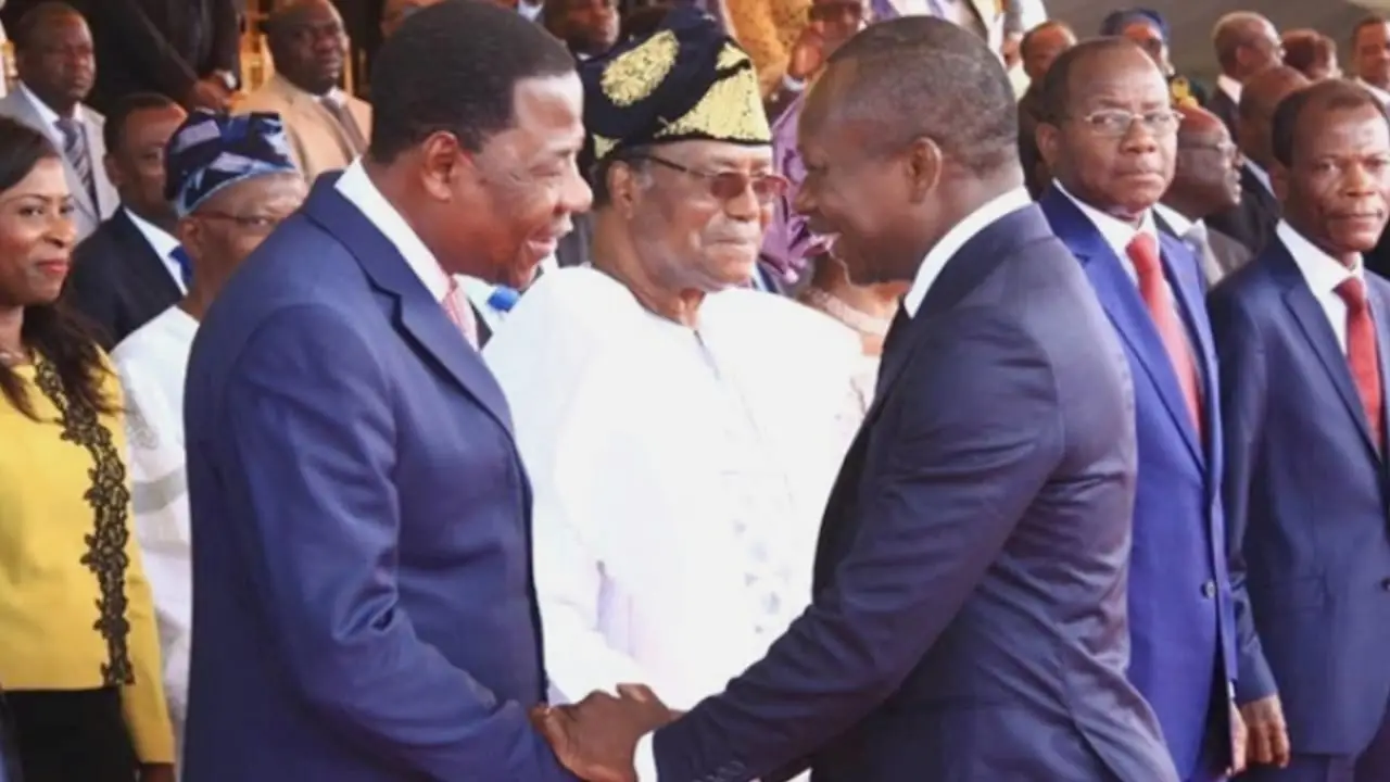 Presidents Nicéphore Soglo (background in white), Boni Yayi (left), and Patrice Talon (right)
