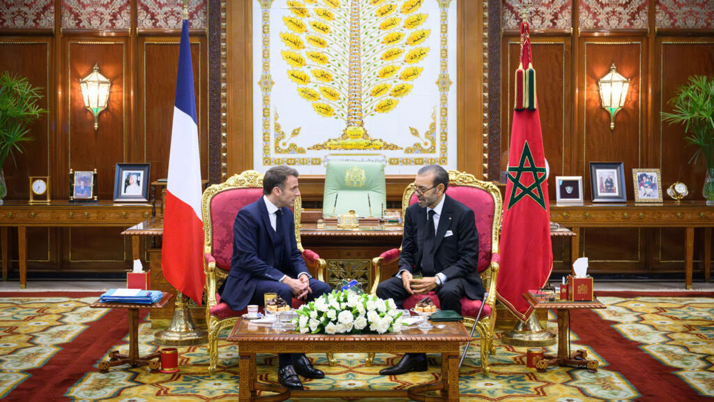 French President Emmanuel Macron greeted by Morocco's King Mohammed VI during an official visit in Rabat, October 2024.