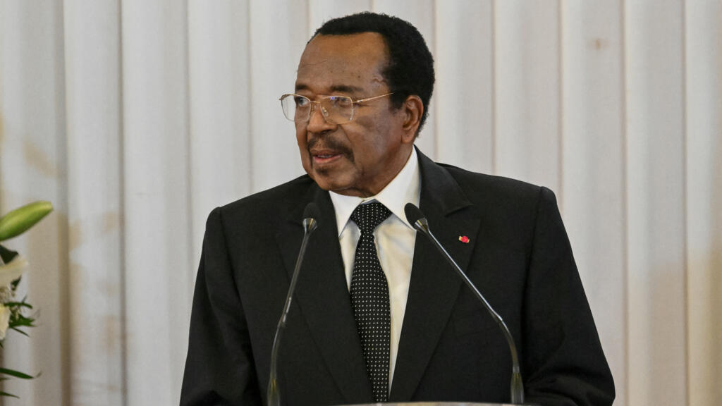 Cameroon's President Paul Biya delivers a speech alongside Pope Leo XIV (out of frame) at the presidential palace in Yaoundé during a 11-day apostolic visit to Africa on April 15, 2026.