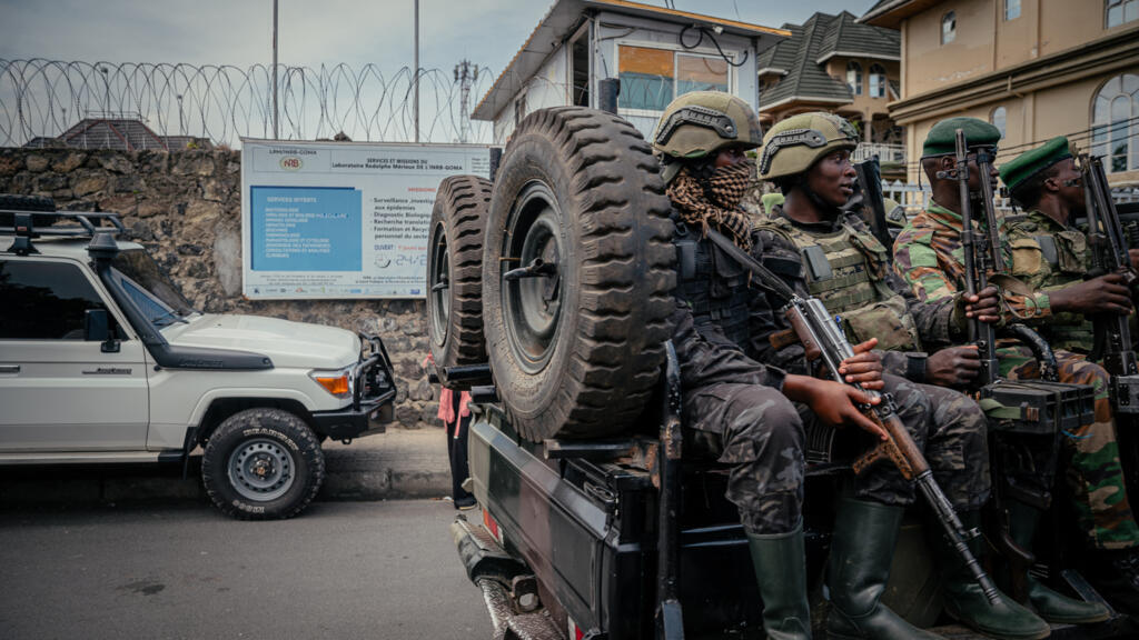 Soldiers from the AFC/M23 patrol near the Rodolphe Mérieux laboratory of the National Institute of Biomedical Research (INRB) in Goma on May 19, 2026.