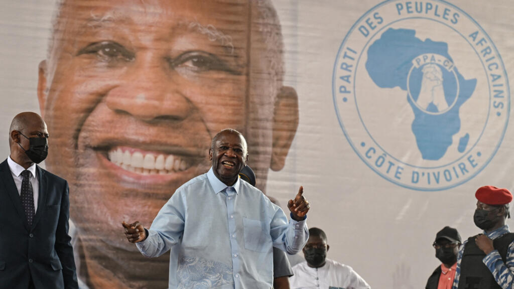 Former Ivorian President and PPA-CI leader Laurent Gbagbo (center) at the closing ceremony of his party's first congress in Abidjan on May 15, 2026.